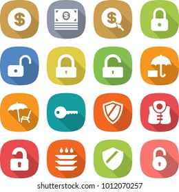 flat vector icon set - dollar vector, money, arrow, lock, unlock, insurance, lounger, key, shield, life vest, unlocked, plate washing