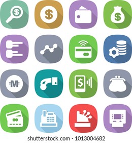 flat vector icon set - dollar magnifier vector, wallet, money bag, diagram, graph, tap to pay, virtual mining, crypto currency, hand coin, mobile, purse, credit card, cashbox, atm