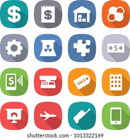 flat vector icon set - dollar vector, receipt, warehouse, atom core, gear, nuclear power, puzzle, money, mobile pay, market scales, sale label, building, presentation, plane, suitcase, phone