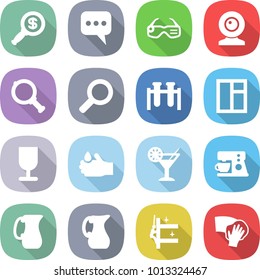 flat vector icon set - dollar magnifier vector, message, smart glasses, web cam, test vial, window, fragile, acid, cocktail, coffee maker, jug, skyscrapers cleaning, wiping