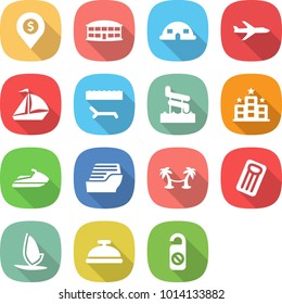 flat vector icon set - dollar pin vector, airport building, dome house, plane, sail boat, lounger, aquapark, hotel, jet ski, cruise ship, palm hammock, inflatable mattress, windsurfing, service bell