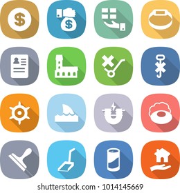 flat vector icon set - dollar vector, money gift, smart bracelet, anamnesis, mansion, do not trolley sign, hook, handwheel, shark flipper, electric magnet, soap, scraper, scoop, cleanser powder