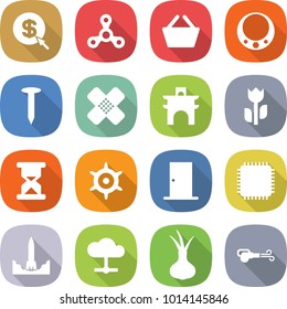 flat vector icon set - dollar arrow vector, spinner, basket, necklace, nail, medical patch, arch, perishable, sand clock, handwheel, door, cpu, rocket start, cloud, onion, blower