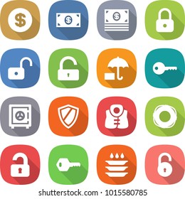 flat vector icon set - dollar vector, money, lock, unlock, insurance, key, safe, shield, life vest, lifebuoy, unlocked, plate washing