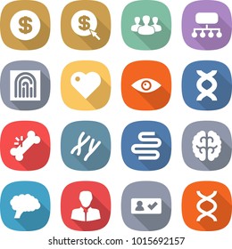flat vector icon set - dollar vector, arrow, group, structure, fingerprint, heart, eye, dna, broken bone, chromosomes, intestines, brain, client, check in