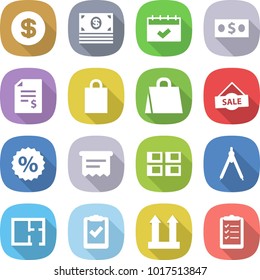 flat vector icon set - dollar vector, money, calendar, account balance, shopping bag, sale, percent, atm receipt, panel house, drawing compasses, plan, clipboard check, cargo top sign, list