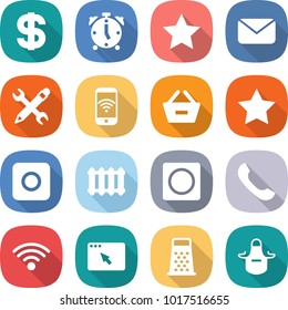 flat vector icon set - dollar vector, alarm clock, star, mail, pencil wrench, phone wireless, remove from basket, ring button, radiator, browser window, grater, apron