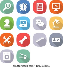 flat vector icon set - dollar magnifier vector, alarm clock, abacus, monitor arrow, chess horse, notebook, discussion, table lamp, pencil wrench, bone, stairs, check in, washing machine