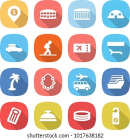 flat vector icon set - dollar pin vector, airport building, dome house, car baggage, tourist, ticket, lounger, palm, hawaiian wreath, transfer, cruise ship, inflatable mattress, service bell, pool