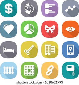 flat vector icon set - dollar vector, circle diagram, graph, heart, bow, eye, hospital bed, surgical clamp, houses, mobile location, radiator, cpu, link, mixer