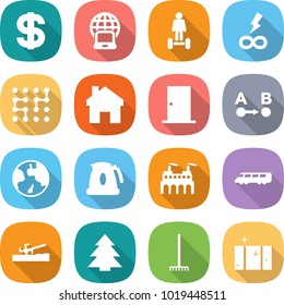 flat vector icon set - dollar vector, notebook globe, hoverboard, infinity power, chip, home, door, route a to b, earth, kettle, factory, speed train, soil cutter, spruce, rake, clean window