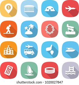 flat vector icon set - dollar pin vector, airport building, dome house, plane, tourist, island, hawaiian wreath, aquapark, hotel, transfer, golf, yacht, inflatable mattress, windsurfing, pool