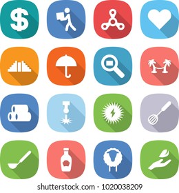 flat vector icon set - dollar vector, courier, spinner, heart, pyramid, dry cargo, search, palm hammock, pipes, laser, solar power, whisk, ladle, ketchup, sheep, hand leaf
