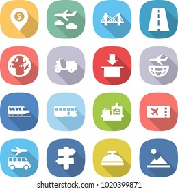 flat vector icon set - dollar pin vector, journey, bridge, road, globe, scooter shipping, package, plane, train, bus, baggage checking, ticket, transfer, signpost, service bell, landscape