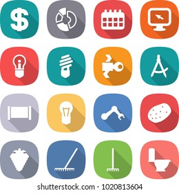 flat vector icon set - dollar vector, circle diagram, calendar, monitor arrow, bulb, satellite, draw compass, fence, robot hand, potato, berry, rake, toilet