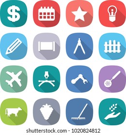 flat vector icon set - dollar vector, calendar, star, bulb, pencil, fence, drawing compasses, plane, pen, robot hand, skimmer, cow, berry, rake, harvest