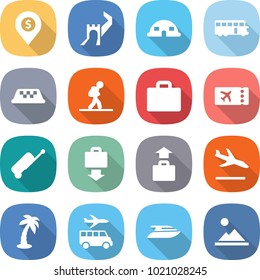 flat vector icon set - dollar pin vector, greate wall, dome house, bus, taxi, tourist, suitcase, ticket, baggage get, arrival, palm, transfer, yacht, landscape