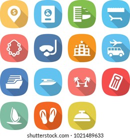 flat vector icon set - dollar pin vector, passport, hotel, lounger, hawaiian wreath, diving mask, transfer, cruise ship, yacht, palm hammock, inflatable mattress, windsurfing, flip flops