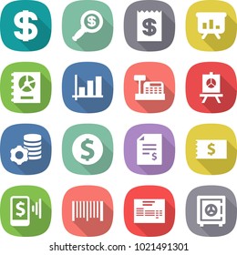 flat vector icon set - dollar vector, magnifier, receipt, presentation, annual report, graph, cashbox, virtual mining, coin, account balance, mobile pay, bar code, invoice, safe