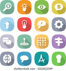flat vector icon set - dollar magnifier vector, bulb, eye, money message, brain, gear, discussion, target, chip, singlepost, draw compass