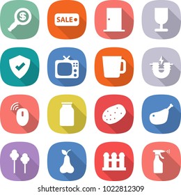 flat vector icon set - dollar magnifier vector, sale, door, fragile, protected, tv, cup, electric magnet, wireless mouse, bank, potato, chicken leg, trees, pear, grain elevator, sprayer