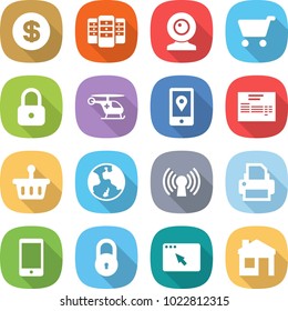 flat vector icon set - dollar vector, server, web cam, cart, lock, ambulance helicopter, mobile location, invoice, basket, earth, antenna, printer, phone, browser window, house