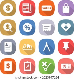 flat vector icon set - dollar vector, newspaper, sale, shopping bag, arrow, percent, atm receipt, heart cross, anamnesis, project, drawing compasses, pin, tax, clipboard pen, do not trolley sign