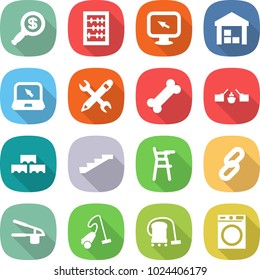 flat vector icon set - dollar magnifier vector, abacus, monitor arrow, warehouse, notebook, pencil wrench, bone, drawbridge, block wall, stairs, Chair for babies, link, garlic clasp, vacuum cleaner