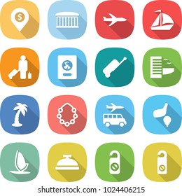 flat vector icon set - dollar pin vector, airport building, plane, sail boat, passenger, passport, suitcase, hotel, palm, hawaiian wreath, transfer, golf, windsurfing, service bell, do not distrub