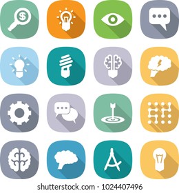 flat vector icon set - dollar magnifier vector, bulb, eye, message, brain, gear, discussion, target, chip, draw compass