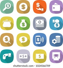 flat vector icon set - dollar magnifier vector, investment, wallet, purse, money bag, gift, arrow, message, phone pay, virtual mining, hand coin, receipt, atm