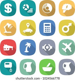 flat vector icon set - dollar vector, diagram, circle, brain, table lamp, car pointer, calculator, male sign, house with garage, palm, connect, plane, mixer, jug, mortar