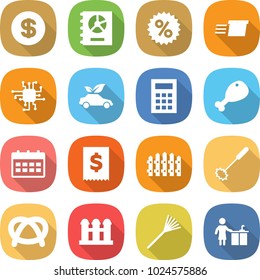flat vector icon set - dollar vector, annual report, percent, delivery, chip, eco car, calculator, chicken leg, calendar, tax, fence, whisk, pretzel, grain elevator, rake, kitchen cleaning