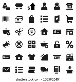 Flat vector icon set - dollar growth vector, target, office, credit card, closed, shopping bag, percent, store, customer, support, barcode, reader, cashbox, basket, cart, home, calculator, delivery