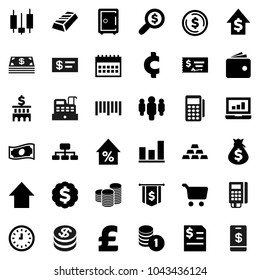 Flat vector icon set - dollar coin vector, graph, gold ingot, cart, japanese candle, laptop, wallet, cash, percent growth, money bag, stack, check, annual report, bank building, search, clock, man