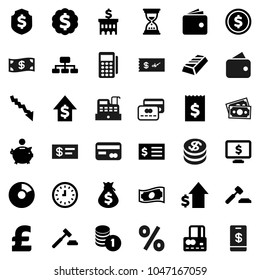 Flat vector icon set - dollar coin vector, gold ingot, pie graph, credit card, wallet, cash, crisis, money bag, piggy bank, growth, stack, auction, building, receipt, clock, sand, medal, shield