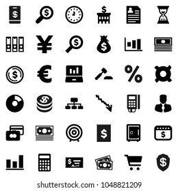 Flat vector icon set - dollar coin vector, graph, pie, cart, laptop, credit card, cash, crisis, money bag, manager, auction, check, bank building, calculator, search, clock, target, binder, sand