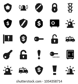 Flat vector icon set - dollar shield vector, safe, attention, traffic light, amkbulance car, lock, key, sign, siren, unlock, home protect, password