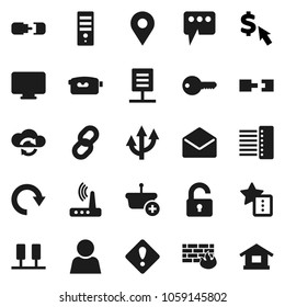 Flat vector icon set - dollar cursor vector, video camera, mail, server, cloud exchange, firewall, hub, router, favorites, message, redo, chain, route arrow, connection, network document, user, pin