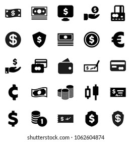 Flat vector icon set - dollar coin vector, japanese candle, credit card, cash, investment, stack, check, shield, monitor, euro sign, cent, money, wallet