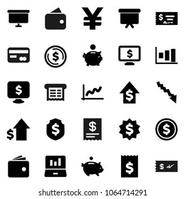 Flat vector icon set - dollar coin vector, graph, laptop, wallet, crisis, piggy bank, growth, check, receipt, presentation board, medal, shield, monitor, yen sign, credit card