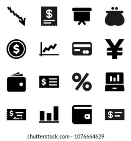 Flat vector icon set - dollar coin vector, graph, laptop, wallet, crisis, check, receipt, presentation board, yen sign, credit card, percent