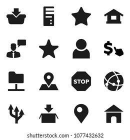 Flat vector icon set - dollar cursor vector, map pin, speaking man, favorites, connection, network folder, route arrow, user, stop, basket, package, computer, home