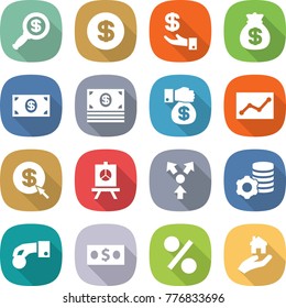 flat vector icon set - dollar magnifier vector, investment, money bag, gift, statistics, arrow, presentation, core splitting, virtual mining, hand coin, percent, real estate