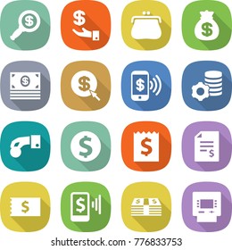 flat vector icon set - dollar magnifier vector, investment, purse, money bag, arrow, phone pay, virtual mining, hand coin, receipt, account balance, mobile, atm