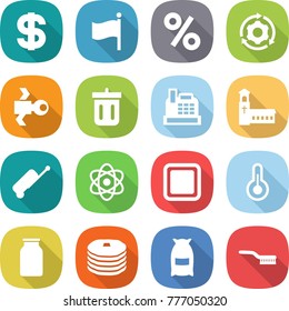 flat vector icon set - dollar vector, flag, percent, around gear, satellite, bin, cashbox, church, suitcase, atom, cutting board, thermometer, bank, pancakes, flour, brush