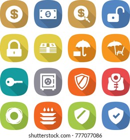 flat vector icon set - dollar vector, money, arrow, unlock, lock, insurance, lounger, key, safe, shield, life vest, lifebuoy, plate washing