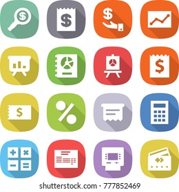 flat vector icon set - dollar magnifier vector, receipt, investment, statistics, presentation, annual report, percent, atm, calculator, invoice, credit card