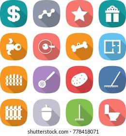 flat vector icon set - dollar vector, graph, star, gift, satellite, cell corection, bone, plan, fence, skimmer, potato, rake, acorn, toilet