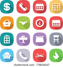 flat vector icon set - dollar vector, phone, calendar, chip, remove from basket, underpants, info, arch window, restaurant, curtain, chair, armchair, scissors, fire